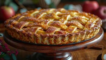 A Close-Up of a Golden Brown Apple Pie with Lattice Crust photo