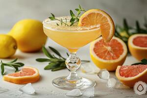 A refreshing grapefruit cocktail garnished with a sprig of thyme and a grapefruit slice. photo