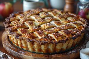 A Golden-Brown Lattice-Top Apple Pie with a Delicate Powdered Sugar Dusting photo
