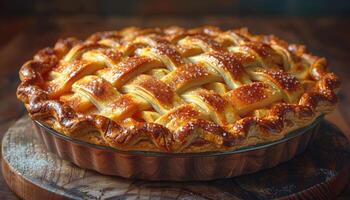 A freshly baked apple pie with a lattice crust, dusted with sugar photo