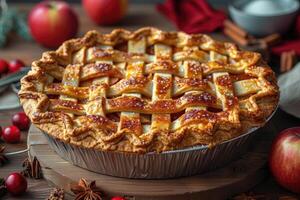 A golden-brown apple pie with a lattice crust, resting on a wooden board. photo