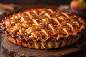 A Close-Up of a Golden Brown Apple Pie with a Lattice Crust photo