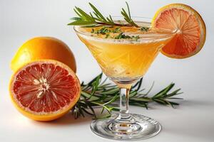 A Glass of Orange Cocktail Garnished with Rosemary and Grapefruit photo