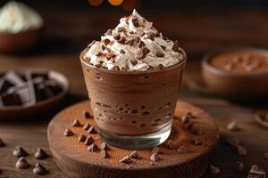 Chocolate milkshake with whipped cream and chocolate chips photo