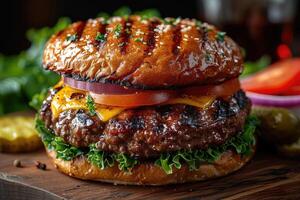 Close-up of a Juicy Cheeseburger with Lettuce, Tomato, and Onion on a Wooden Cutting Board photo