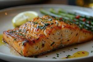 Close-up of Grilled Salmon with Lemon and Asparagus photo