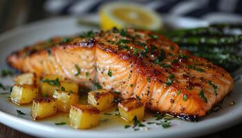 Close-up of Grilled Salmon with Roasted Potatoes and Lemon Wedge photo