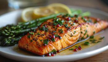Pan-Seared Salmon with Lemon, Asparagus, and Pomegranate Seeds photo