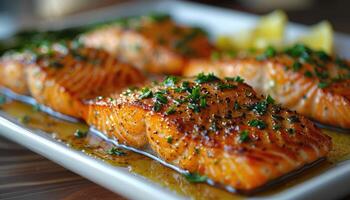 Close-up of Grilled Salmon with Herbs and Lemon Garnish on a White Plate photo