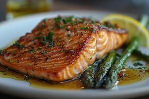 Grilled Salmon with Asparagus and Lemon Wedge photo
