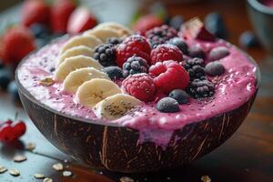 Close-up of a Coconut Bowl Filled with a Pink Smoothie Topped with Berries, Banana Slices, and Chia Seeds photo