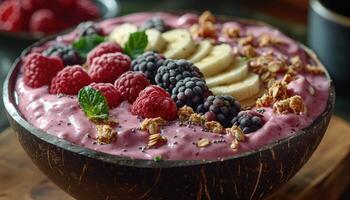 Coconut Bowl Filled with Pink Smoothie Topped with Berries, Banana, and Granola photo