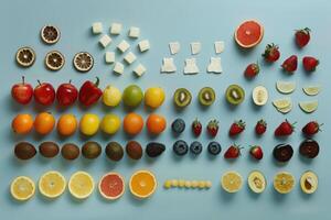 Assorted Fruits and Vegetables Arranged in Rows on a Blue Background photo