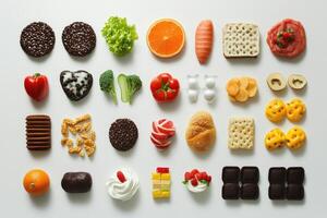 A Variety of Food Items Arranged in Rows on a White Surface photo