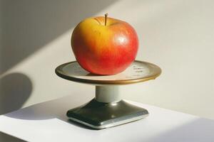 Red apple on vintage kitchen scale with white background photo