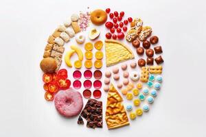 Circular Arrangement of Various Food Items on White Background photo