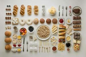 A Flat Lay Composition Featuring a Diverse Array of Food Items and Kitchen Utensils photo