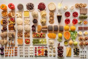 A Variety of Food Items Arranged in Rows on a White Surface photo