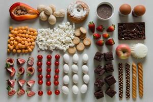 A Flat Lay of Various Foods Arranged in Rows photo