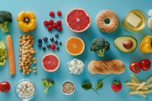Flat Lay of Assorted Foods on a Blue Background photo