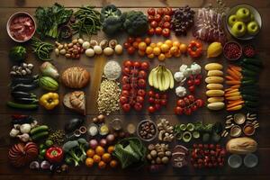 A Colorful Arrangement of Fresh Produce, Meats, and Grains on a Wooden Surface photo