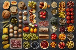 A Diverse Arrangement of Food Items on a Dark Surface photo