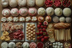 An Overhead View of a Table Spread with Various Food Items photo
