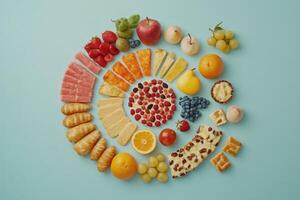 Circular Arrangement of Fruits, Pastries, and Sweets on Blue Background photo