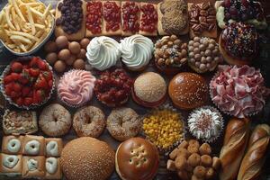 An Assortment of Bakery and Deli Items on a Wooden Surface photo