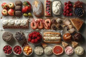 A Variety of Desserts and Fresh Fruits Arranged on a Tabletop photo