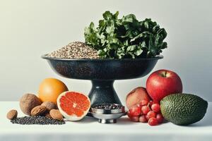 A Bowl of Grains, Fruits, and Nuts on a White Surface photo