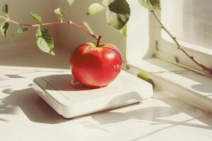 A Red Apple Resting on a White Scale Under Sunlight photo