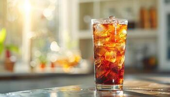 A Glass of Iced Cola with Sun Shining Through a Window photo