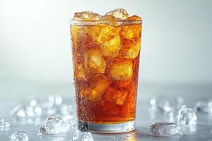 Glass of Cold Brown Beverage with Ice Cubes photo