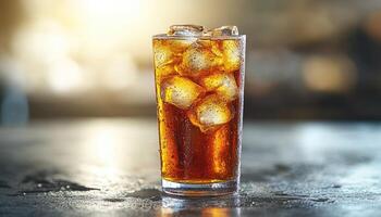 Glass of Cold Brown Beverage with Ice Cubes on a Table photo