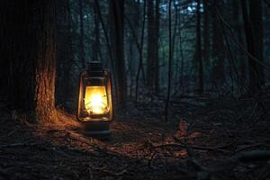 A Lantern Illuminating a Dark Forest Path photo
