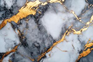 White Marble Surface with Grey Veins and Gold Accents photo