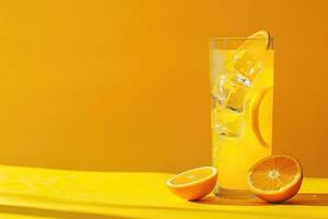 A Tall Glass of Orange Juice with Ice and Orange Slices on a Yellow Surface photo
