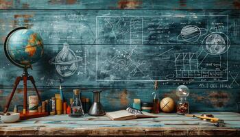 A Vintage Desk with Scientific Instruments and Chalkboard Drawings photo