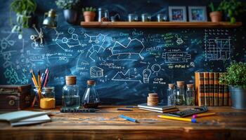 A Close-Up of a Desk With Science Supplies and a Blackboard Filled With Handwritten Notes photo