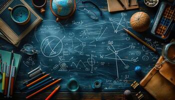 A Flat Lay Composition Featuring a Chalkboard Covered in Scribbles and Various School Supplies photo