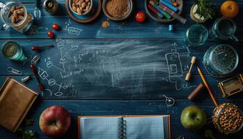 Blue Table with Assorted Objects and Chalkboard Writing photo