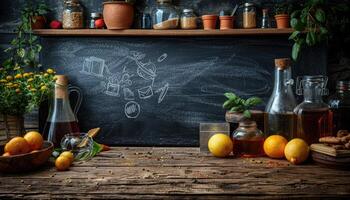 Still Life with Fruit, Glass Bottles, and a Chalkboard photo