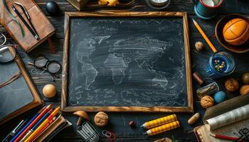 Chalkboard with World Map Drawing, Surrounded by Vintage Objects photo