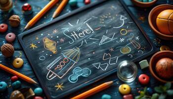 Chalkboard with Drawings and Objects Surrounding It photo