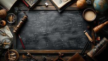 Vintage Blackboard with Handwritten Notes and Surrounding Objects photo