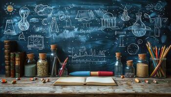 Chalkboard with Science and Education Drawings, Books, Jars, and Pencils on a Wooden Table photo