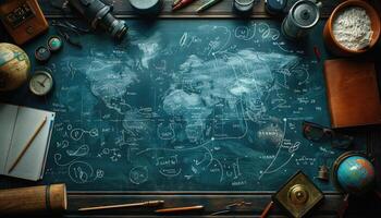 A Vintage Chalkboard Depicting a World Map with Surrounding Objects photo