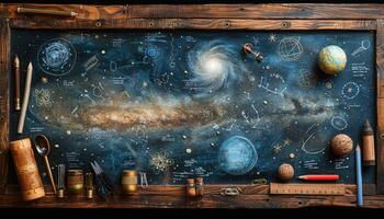 Cosmic Map Drawn on a Dark Blue Chalkboard with Surrounding Objects photo
