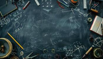 A Black Surface Covered with White Scribbles and Various Objects photo